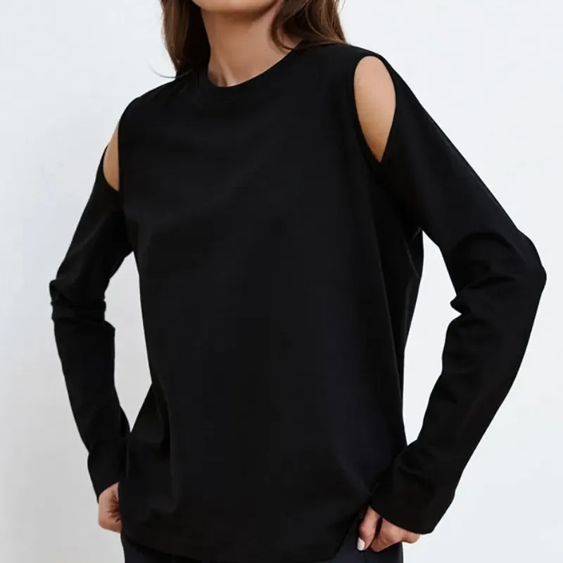 Pure Cotton Black Simple Long-sleeved T-shirt with Bare Shoulder Hollow-out Design Tees for Women