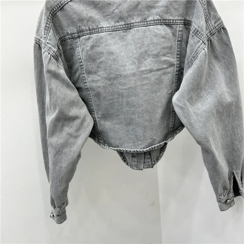 Frühling Herbst Unregelmäßigen Saum Dünne Kurze Denim Jacke Grau Blau Revers Einreiher Langarm Weibliche Jeans Jacke Grundlegende mantel
