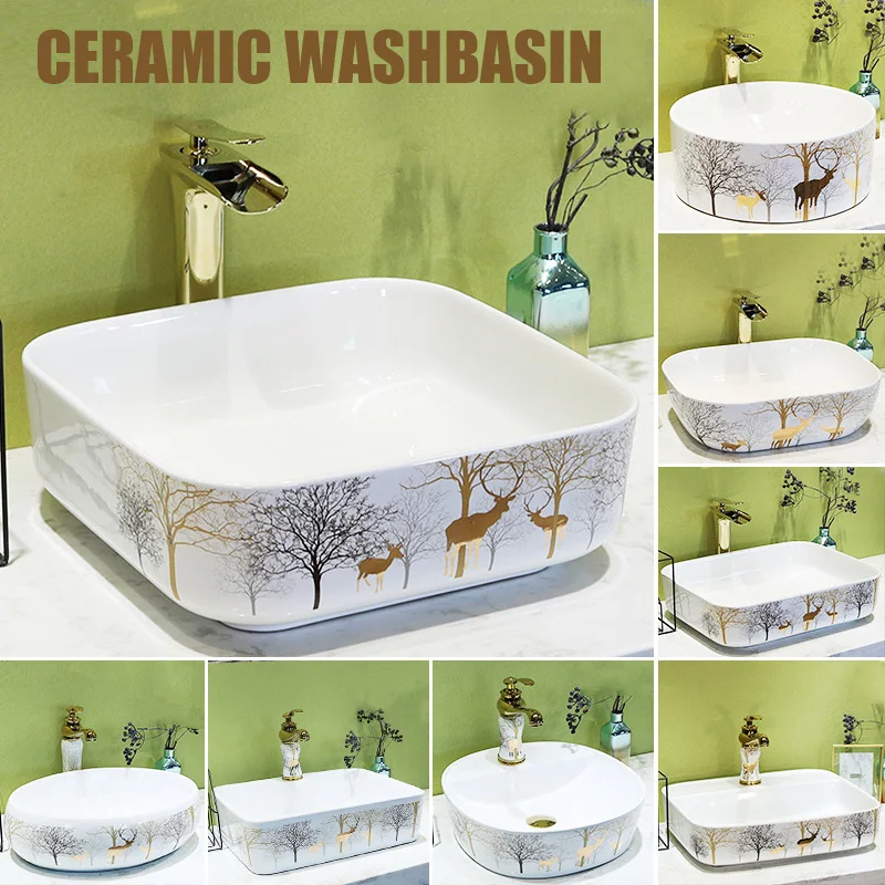 

Nordic Countertop Washbasin Ceramic Bathroom Sink Lavatory Sink For Toilet Simple Mixed Faucet Shampoo Basin Matching Set Drain