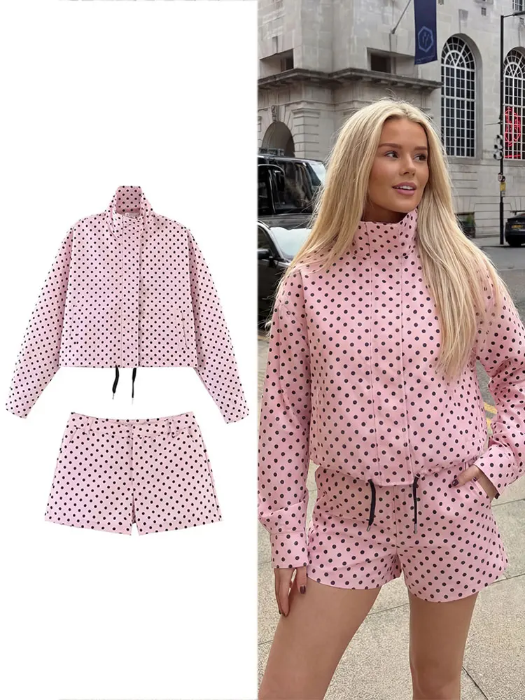 HH Chic Polka Dot Set für Damen Stehkragen Kordelzug Crop-Jacke & Shorts Trendige Frühling-Sommer Freizeitkleidung für den Urlaub