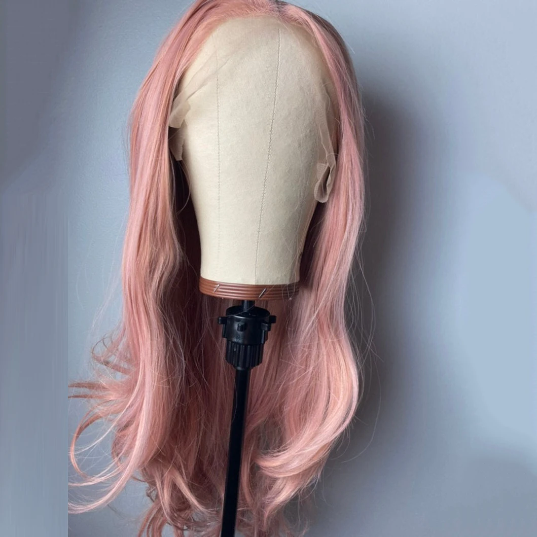 Peluca rosa Pastel para mujer, pelo largo ondulado sintético con malla frontal, rosa, oro rosa, Cosplay, resistente al calor 150%