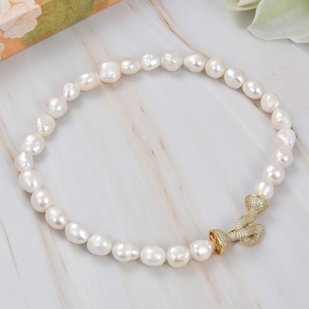 G-G Natural Big White Baroque Keshi Pearl Gold Color Plated Connector CZ Clasp Necklace For Women Lady Gift Jewelry