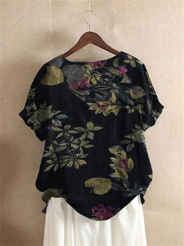 ZANZEA 2024 Women Cotton Shirt Fashion Female Floral Printed Tops Kaftan Chemise Summer Short Sleeve Blouses Causal O-neck Tunic