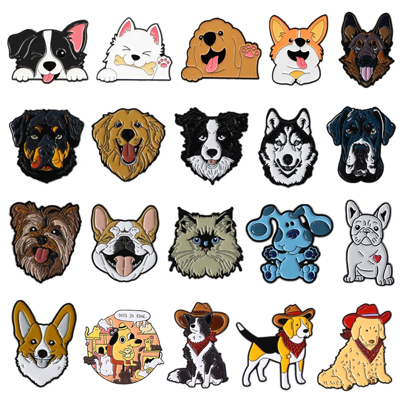 Cartoon Pet Dog Collection Enamel Pins Cute Golden Retriever Border Collie Beagle Collie Animal Brooch Lapel Badge Jewelry Gifts