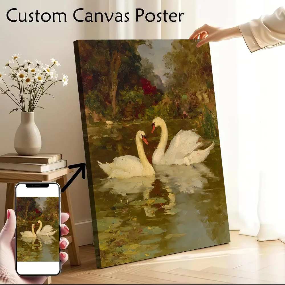 Swans in a Pond Painting Canvas Wall Arts Poster Customizable Pictures Printing for Room Bathroom Decor Luxury Bedroom Art Print