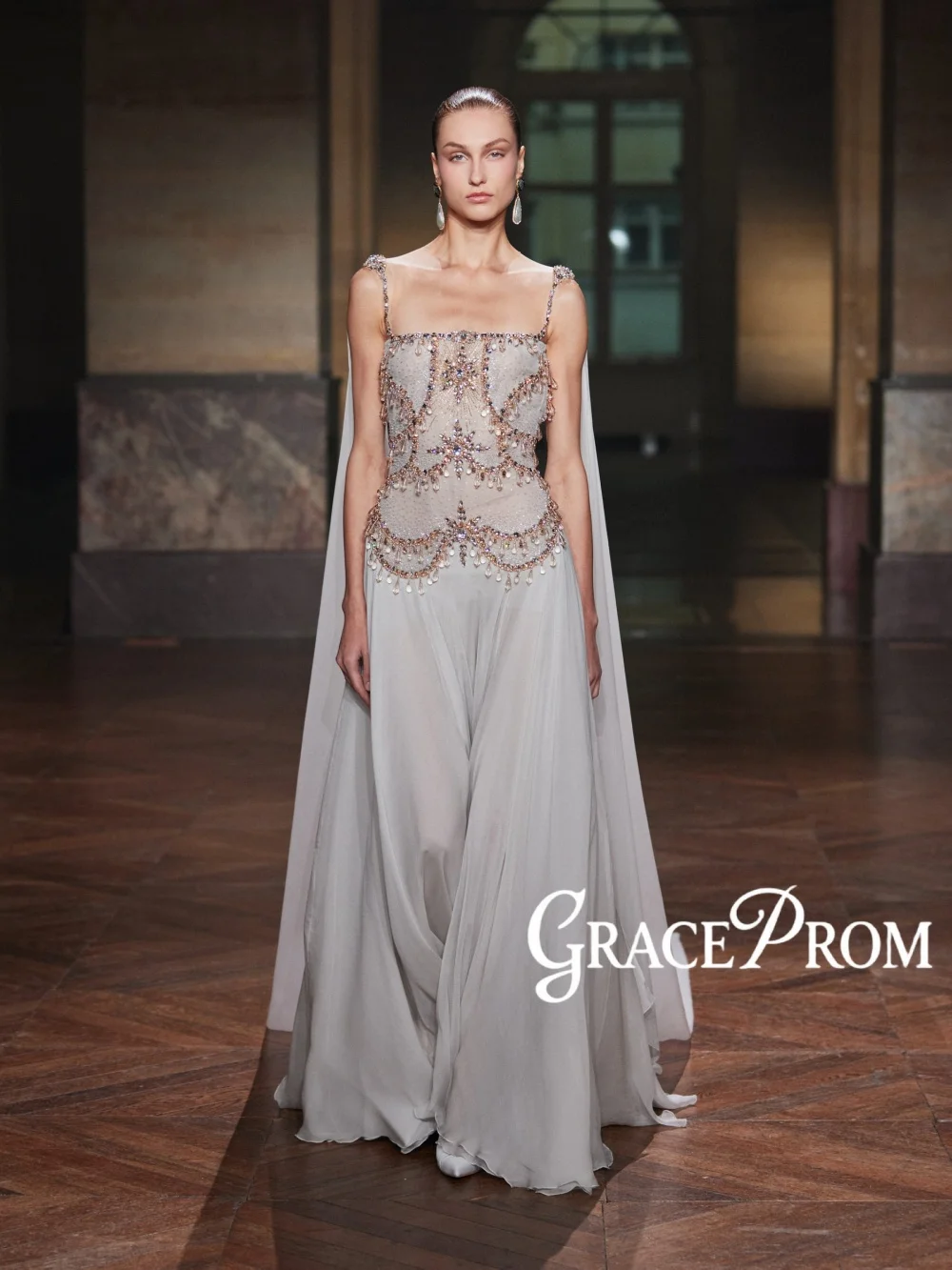 

Sparkling Crystal Chiffon Evening Dress Elegant Thin Straps Floor-length Wedding Party Gowns Customized Chic Banquet Party Gowns