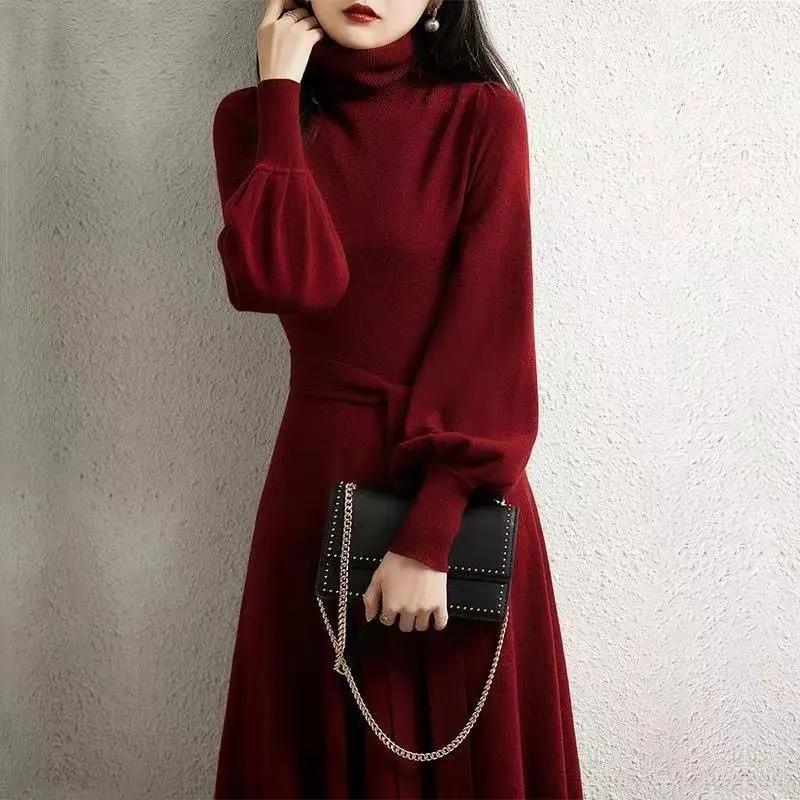 

Turtleneck Women Warm Knit Sweater Dress 2023 Autumn Winter Lantern Sleeve Knitted Dress Burgundy Black Long Party Dresses