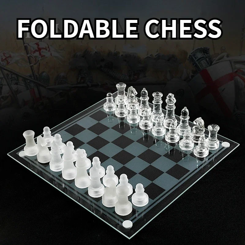 Folding Chessbaord Craft Crystal Glass Chess Set Anti-broken Glass Chess Pieces Board Game Large Board 35cm