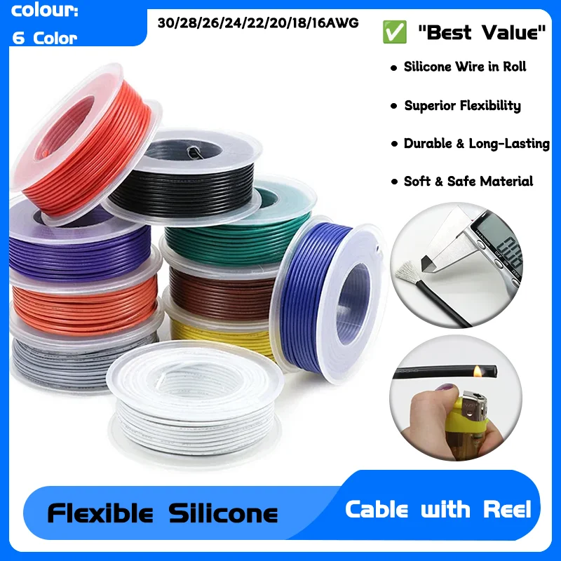 

Silicone Rubber Insulated Tinned Copper Heat resistant Cable In Roll Soft Flexible Silicone Wire 30/28/26/24/22/20/18/16AWG