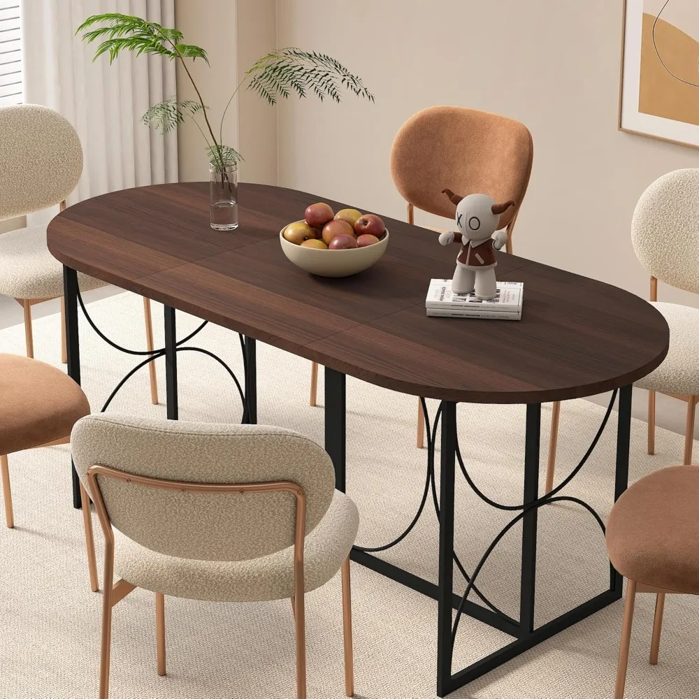 

71” Dining Table for 8 People,Walnut Large Long Modern Dining Table,Curved Oval Dinner Table