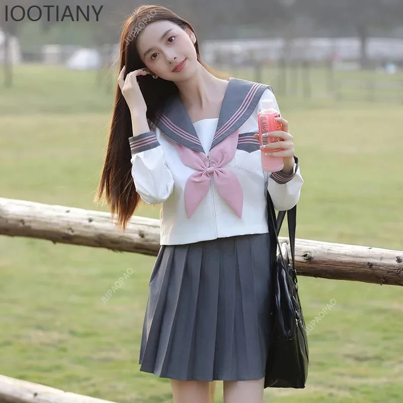 IOOTIANY Japanese Embroidery New Gray Jk Uniform Sailor Suit College Style Long Sleeve College Style Pleated Skirt Sweet Suit