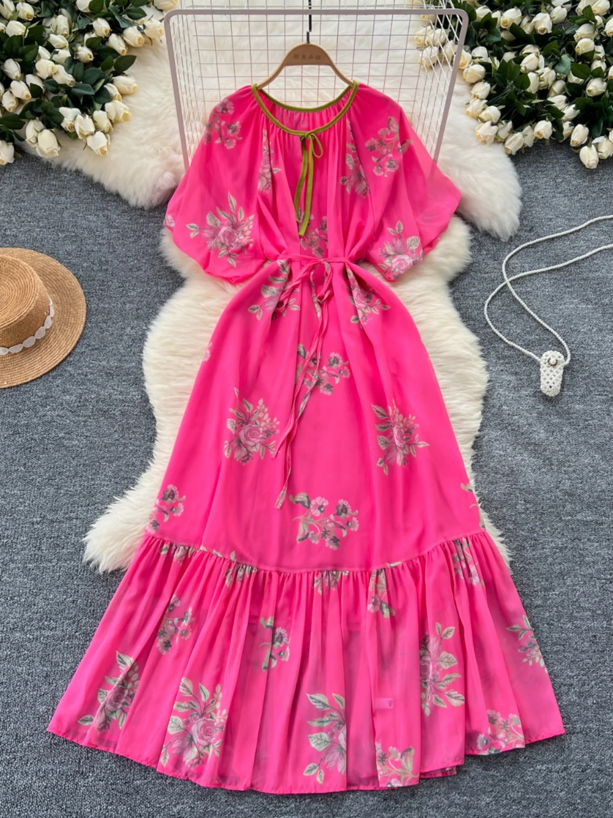 Ofallsis French Style Retro Lace Up O neck Lantern Sleeve Printed Dress 2024 Summer New High Waist Slim Chiffon Long Dresses