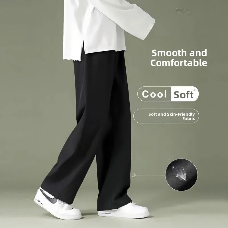 Men's Summer Thin Ice Silk Straight Leg Pants Loose Nine-Tenths Casual Loose Waist Fashionable Urban Style Non-Fleece