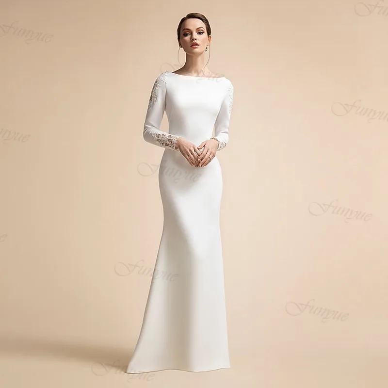 

Elegant Vestidos De Novia 2024 Simple Muslim Wedding Dress for Bride Mermaid Satin Lace Long Sleeves Ivory Bridal Gowns