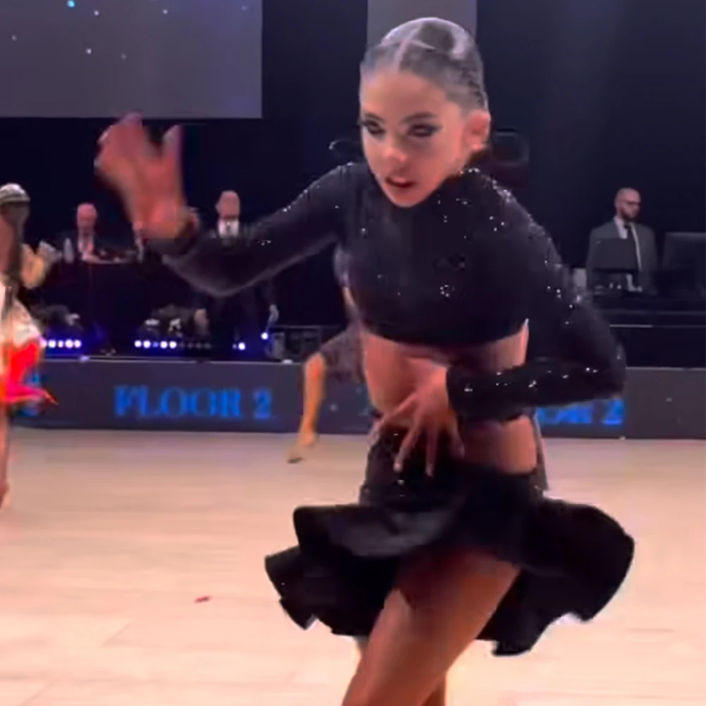 Vennystyle Latin Dance Dress Black High Neck Cropped Top & Asymmetric Skirt with Side Cut-Outs for Performance Practice