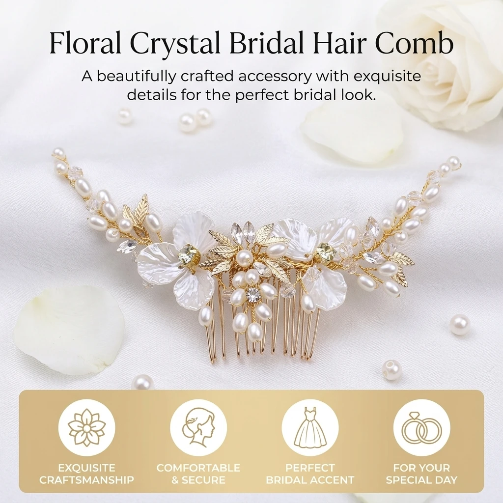 Elegant White Pearls Hair Combs Gold Color Leaves Flower Bridal Headbands Bride Wedding Evening Party Hair Jewelry Accessories view 2