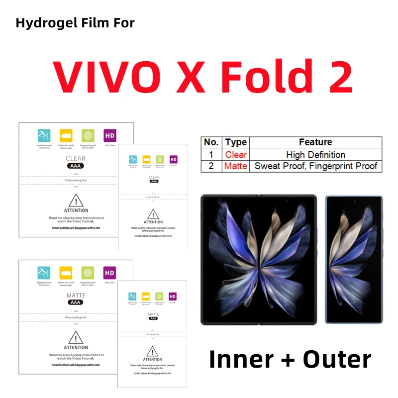 

Inner + Outer Matte Hydrogel Film For VIVO X Fold2 Clear Protective Film Folding Phone VIVO X Fold 2 HD Screen Protector