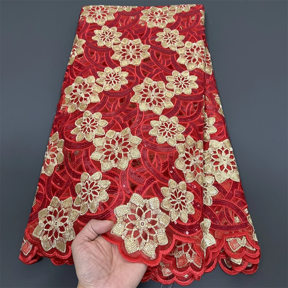 2025 High Quality African Nigerian With Tulle Sewing Lace Fabric Guipure Embroidery Dresses Sequins Beads Stone 5yards PS0073