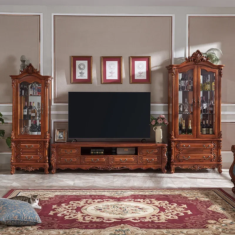 American solid wood TV cabinet combination retro carved wine living room high-rise European minimalist luxury small apartment