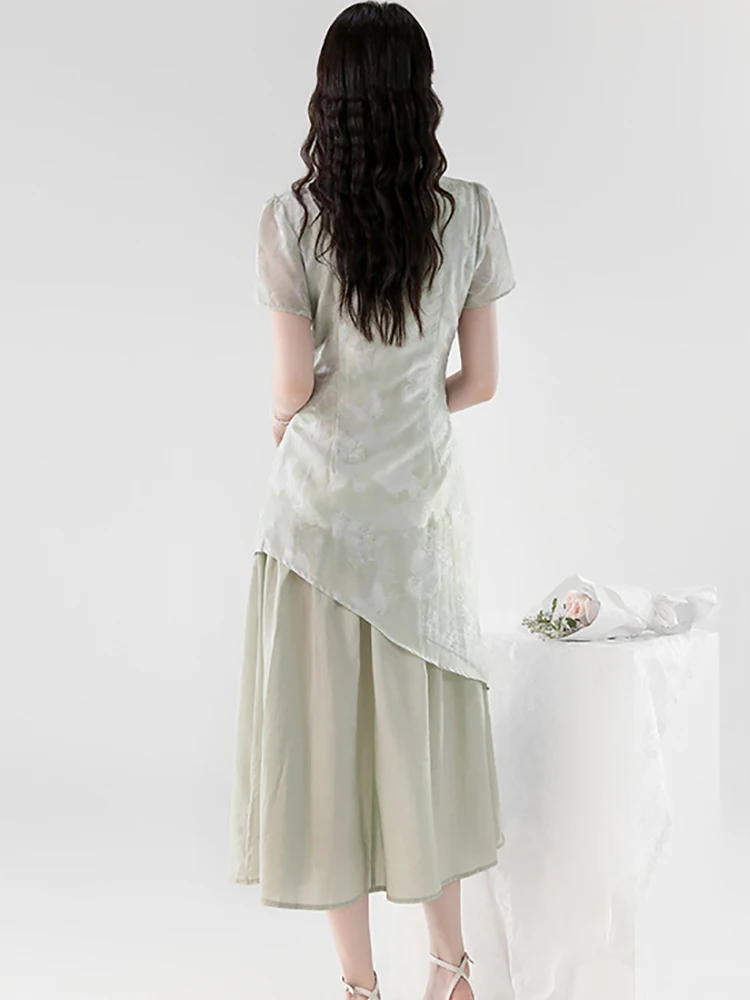 女性用グリーンジャカードパッチワークフェイクツーピースドレスサマープリーツボディコンカジュアルドレス2025韓国エレガントフェスティバルパーティードレス