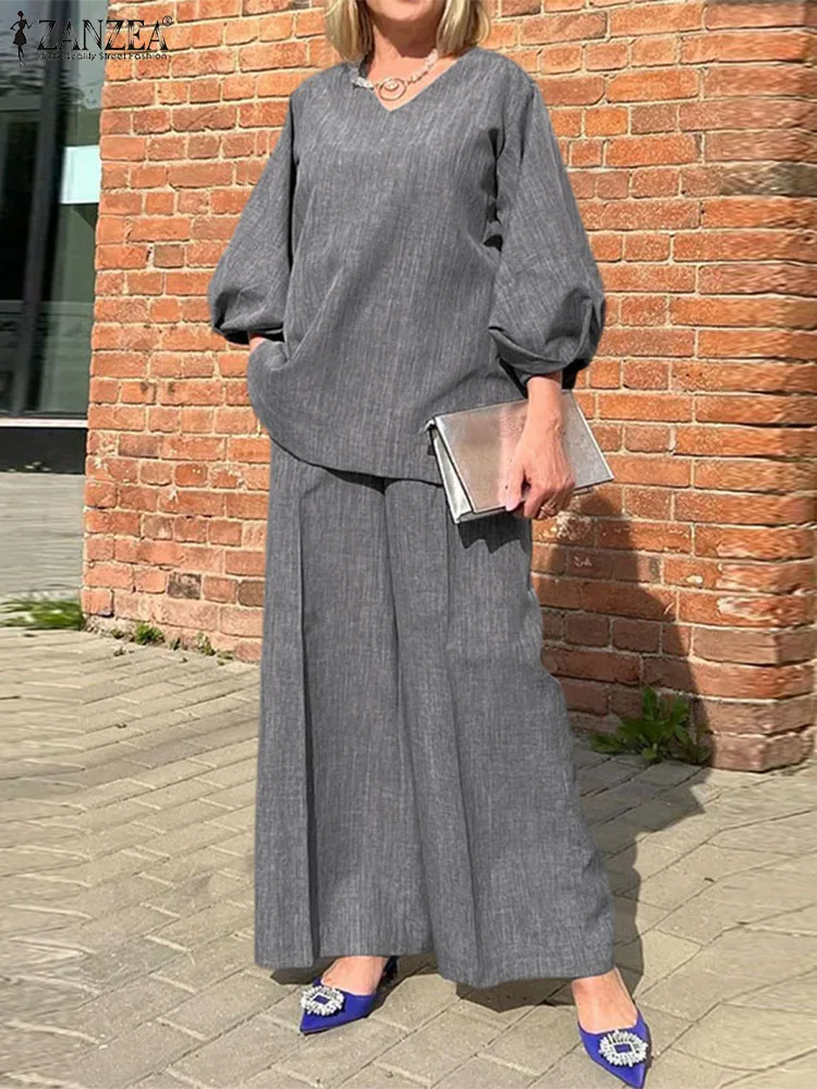 Zestawy spodni ZANZEA 2023 casualowe stroje topy i spodnie damskie moda uliczna bufiaste rękawy bluzka elastyczna w talii luźne dresy