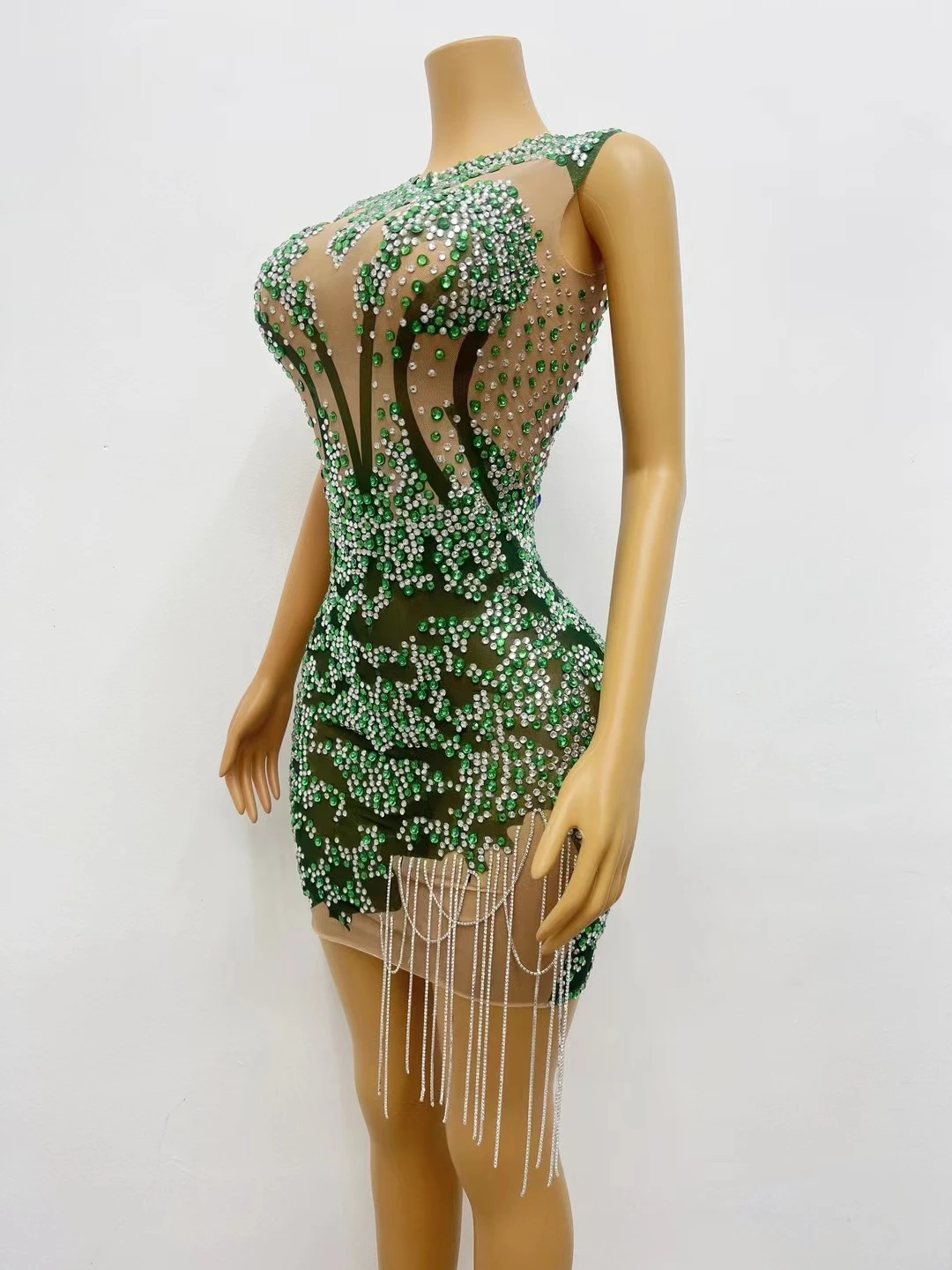 Sparkly Rhinestone Tassel See Through Mesh Mini Dress Birthday Celebrate Party Green Short Dress Nightclub Prom Outfit Shenlin