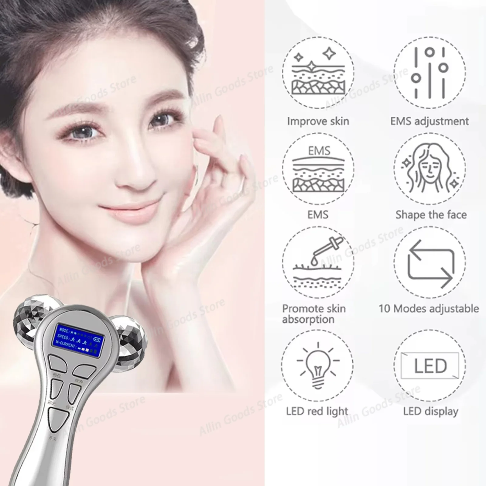 4D EMS Microcurrent Facial Roller Vibration Lifting Massager V-Shape Contouring Beauty Device for Face Neck Eye Body Skin Care