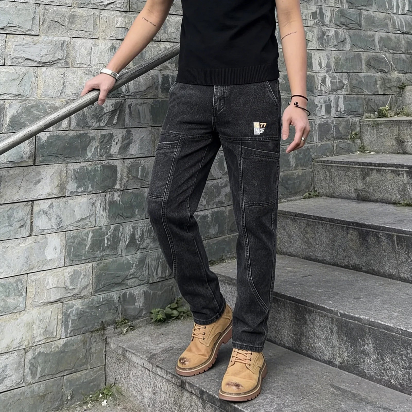 

Новые мужские узкие прямые эластичные джинсовые брюки с шестью карманами, повседневные длинные брюки премиум-класса в американском стиле High Street