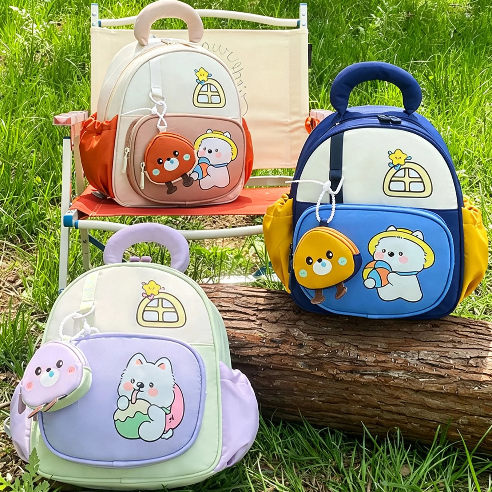 Kids Cartoon Animal Print Backpack Oxford Bookbag with Pendant Anti-lost Light Toddler School Bag for 2-6 Years Old