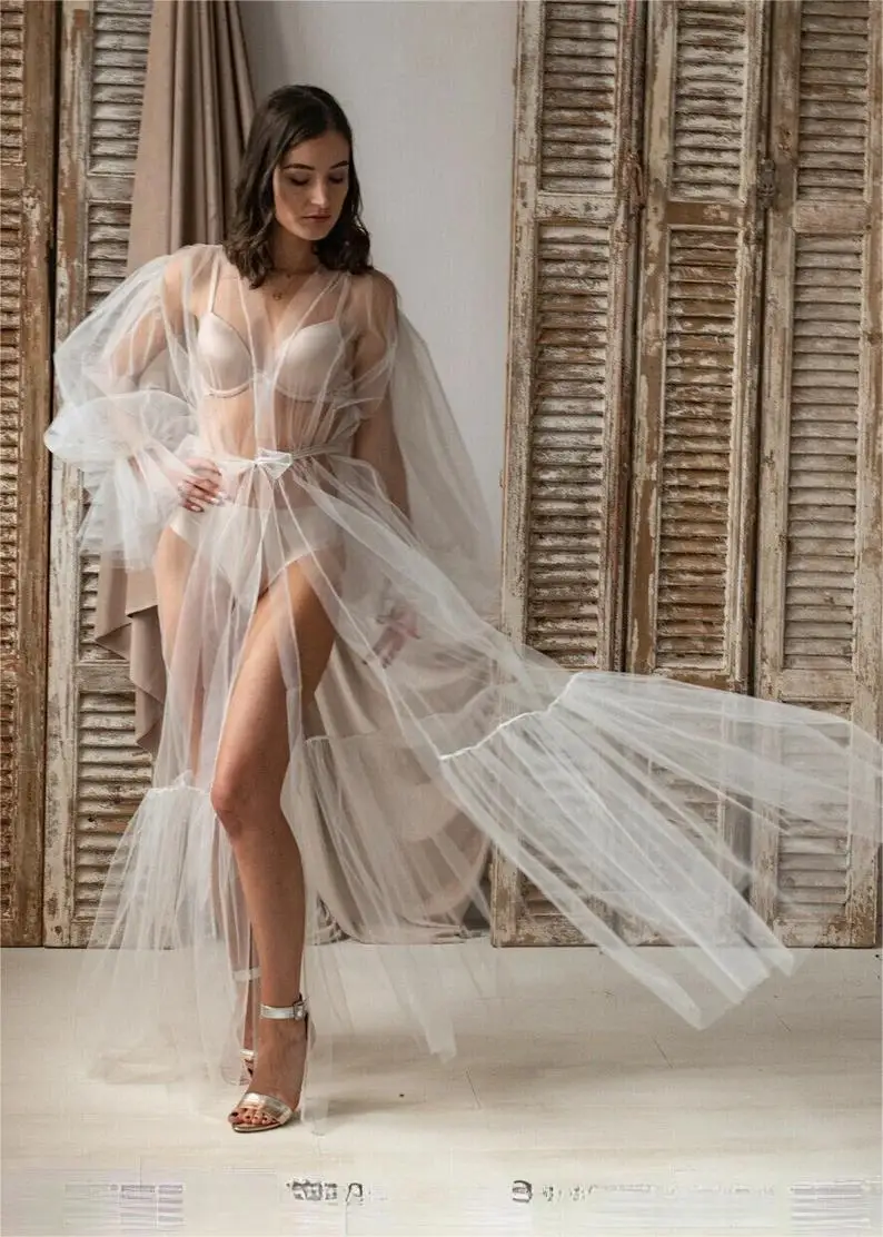 Sexy White Tulle Bride's Dressing Gown Transparent Underwear Sleepwear Loose Beach Summer Dress Pregnancy Dress