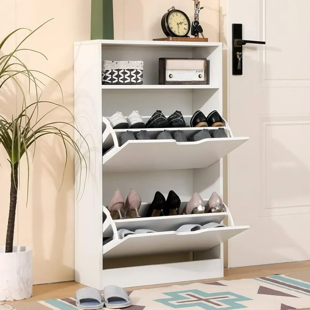 

Shoe Storage Cabinet for Entryway, Narrow Freestanding Shoe Organizer Rack with 2 Flip Down Storage Shelves, White Shoes Shelf