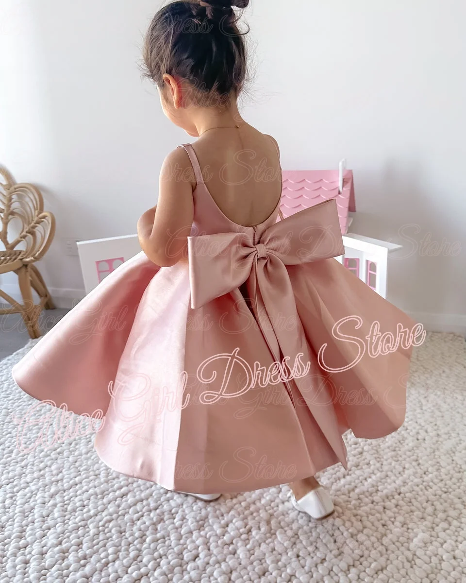 Customized Pink Satin Flower Girls Dresses for Wedding Lovely Knee Length Girl Pageant Dress Suspender Kids Party Birthday Gowns