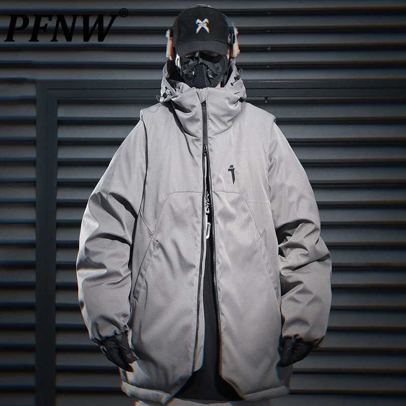 PFNW Techwear Weste mit abnehmbaren Ärmeln, Baumwolljacke, lockerer, lässiger, multifunktionaler, mit Baumwolle gefütterter Mantel für Herren, schweres Industrie-Design