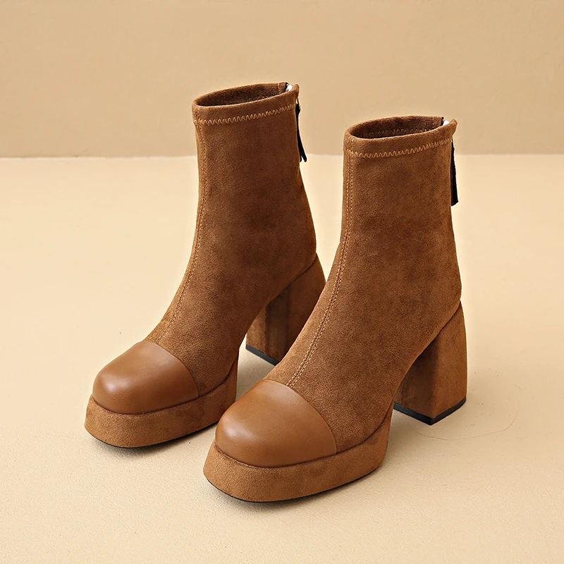 Winter New Style Square Toe Fashionable Back Zipper Thick Heel Women's Boots Suede Elegant Warm Non-slip Women's High Heels image 5