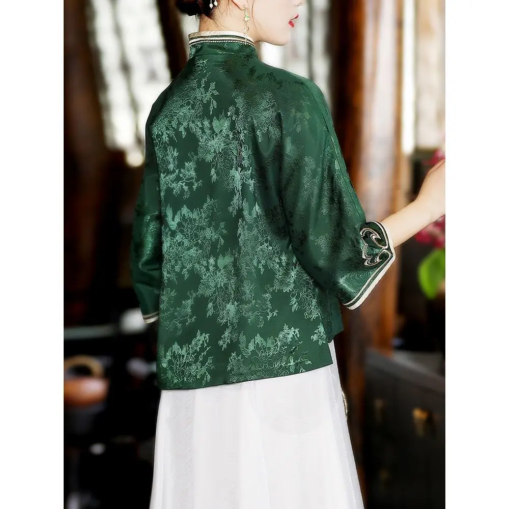 Embroidered Blouses Women Satin Silk Jacquard Retro Tang Shirt Vintage Chinese Ethnic Style Cheongsam Top Summer Autumn New