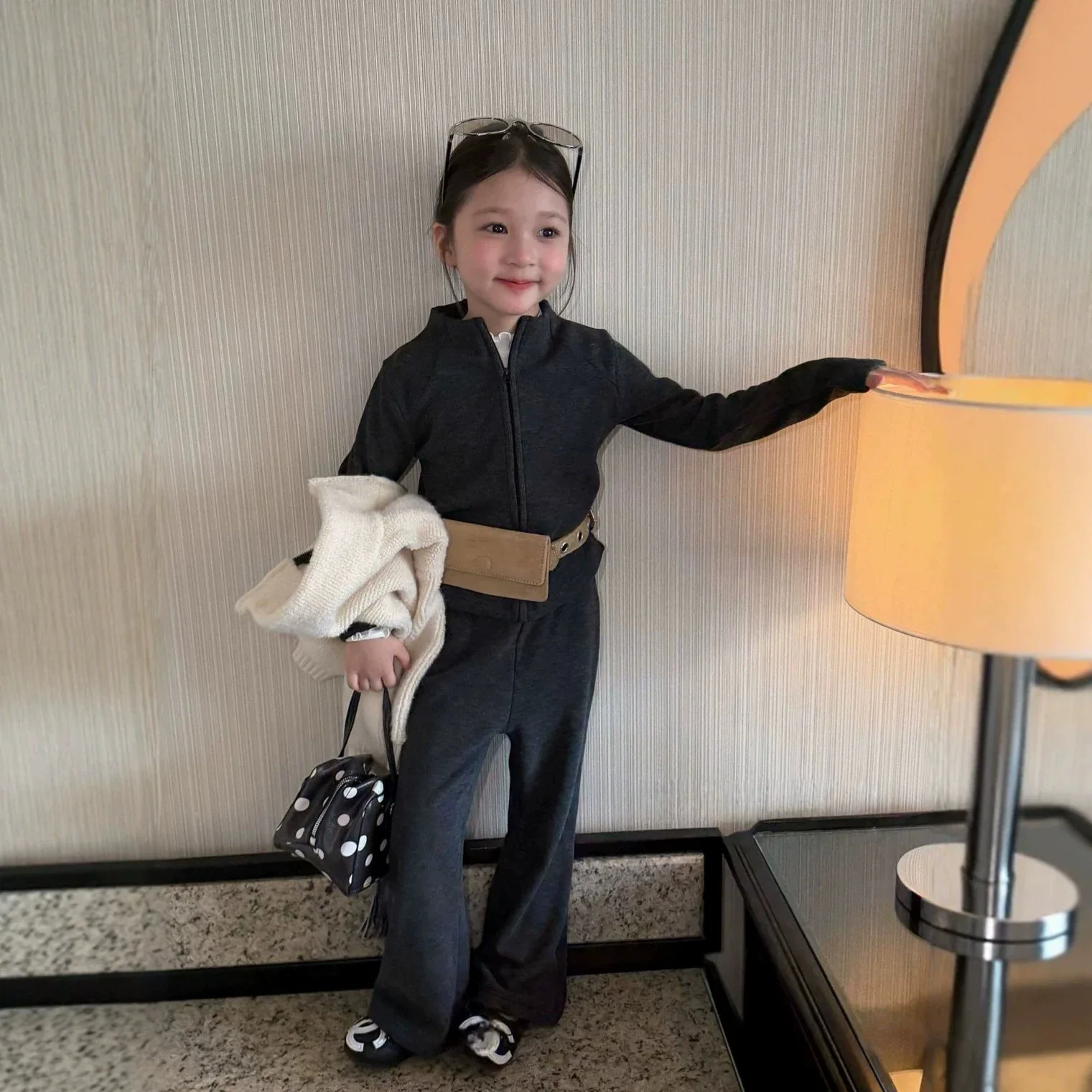 Suit Girls Winter Korean Style Warm and Heated Casual Zipper Sweater Western-style Thick Western-style Slightly Flared Pants