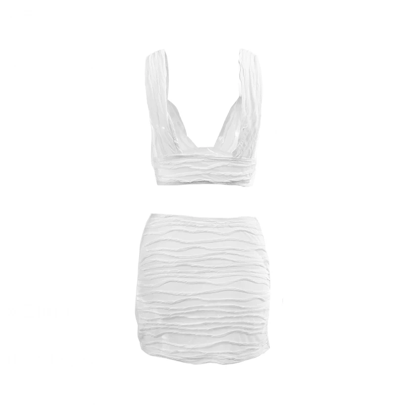 2 Piece Set Women Sexy Outfits Summer Sleeveless Backless Bandage White Crop Top and Irregular Ruched Skirt Night Club Outfits