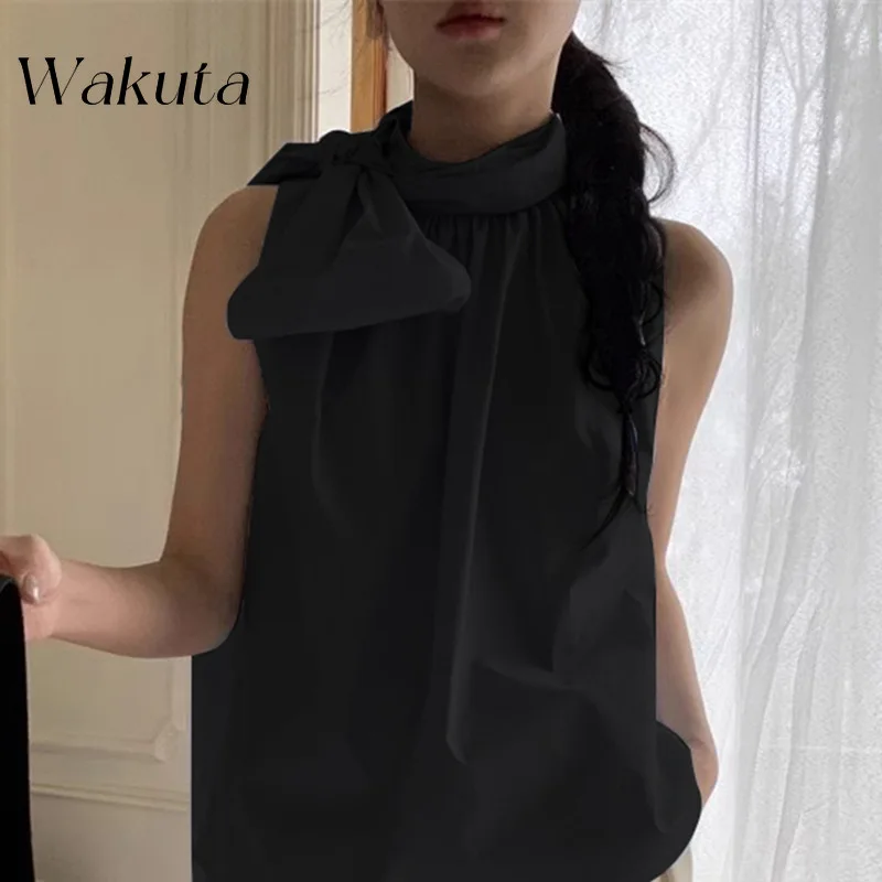 WAKUTA 2024 Summer Elegant Hanging Neck 3D Bow Decoration Short Sleeve Sexy Satin Texture Camis for Women Pornhub Crop Top