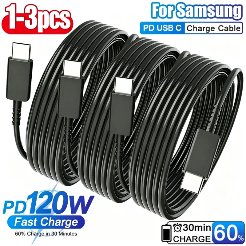 PD 120W USB Type C to C Fast Charge Cable for Samsung Galaxy S22 S23 S24 S25 Plus Note Ultra A53 A54 Charging Data Cable 3/1Pcs