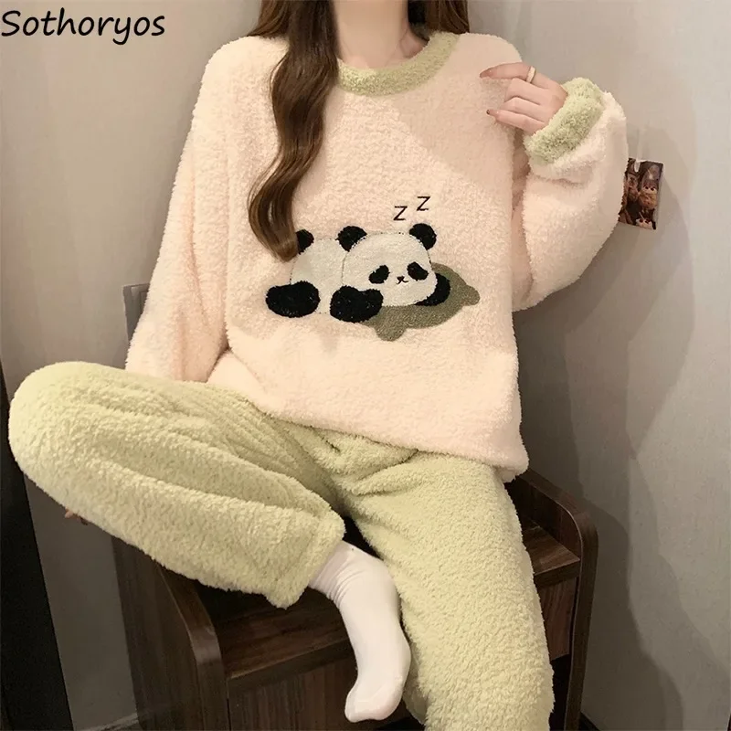 Long Sleeve Pajama Sets for Women O-neck Cartoon Chinese Style Slouchy Homewear Autumn Winter Coral Fleece Sleepwear Ulzzang