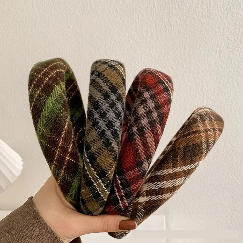 

Ретро французская твидовая повязка на голову из губки, женская клетчатая осенне-зимняя универсальная простая повязка на голову для мытья лица, аксессуары для девочек