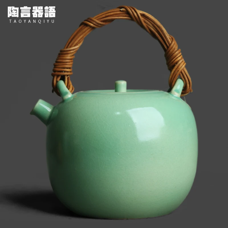 

Fruit Green Soda Glaze Rattan Handle Teapot, Chinese Antique Style, Electric Charcoal Stove, Large Burning Kettle”