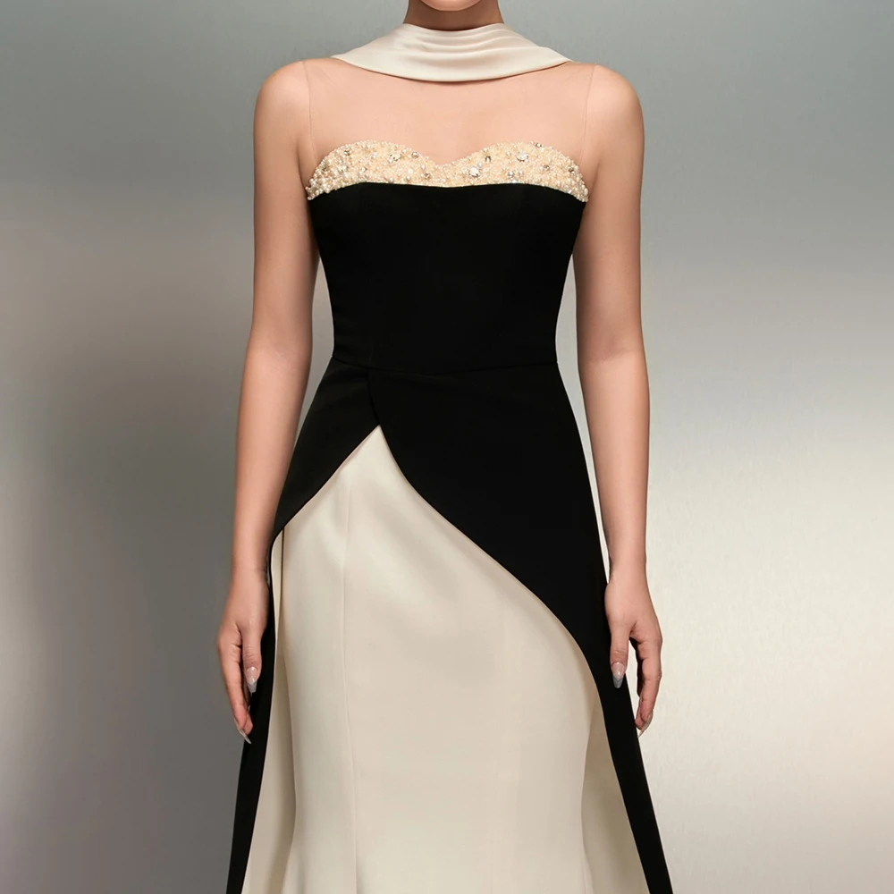 Robe de soirée de forme sirène, personnalisée, longueur au sol, col haut, sans manches, robe de bal, perles, cristal, drapée Simple, à la mode