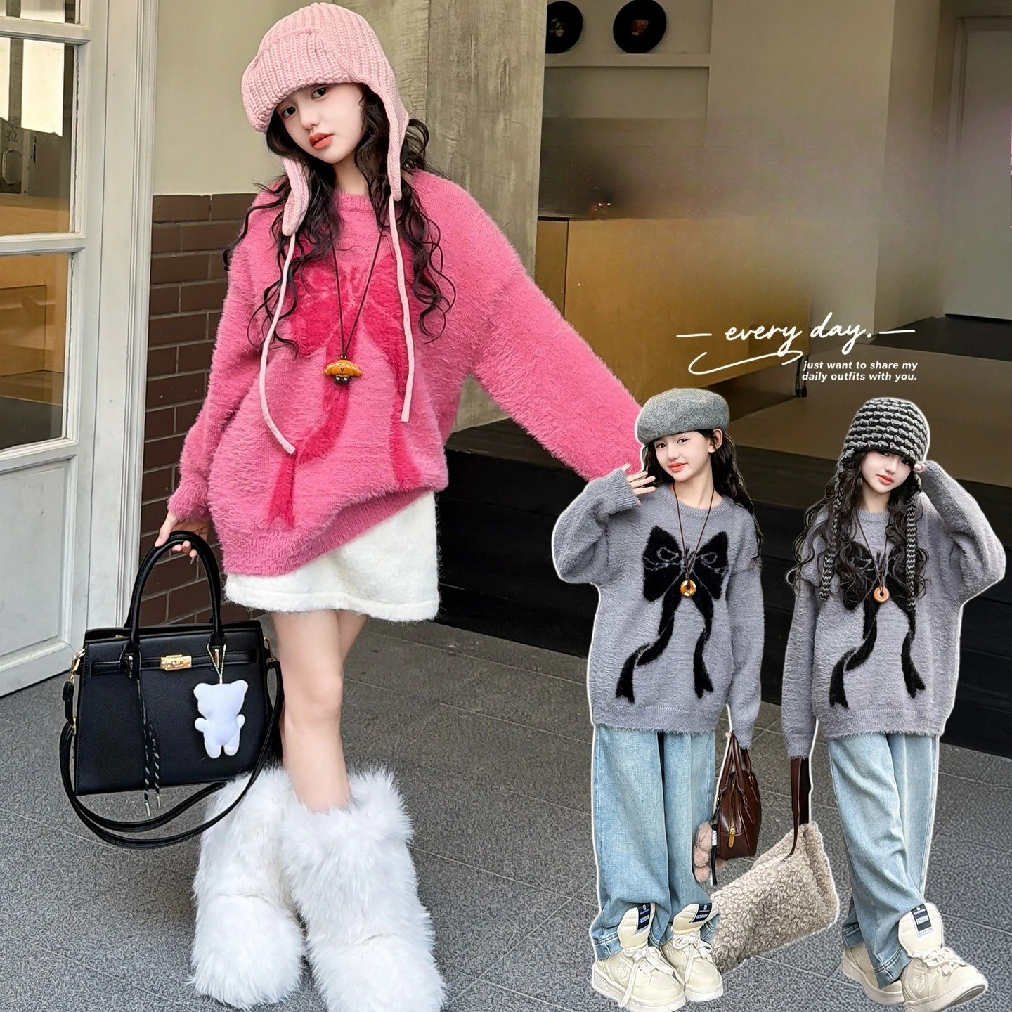 

Осенне-зимний теплый свитер из норки для девочек-подростков, вязаные топы с бантом для маленьких детей 4, 6, 8, 10, 12, 14, детская одежда