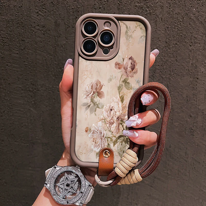 Ölgemälde-Blumenmuster Lanyard-Handyhülle für iPhone 14 15 16 17ProMax 15 14 13 Pro Plus Stoßfeste Matte Silikonhülle – Detail 5