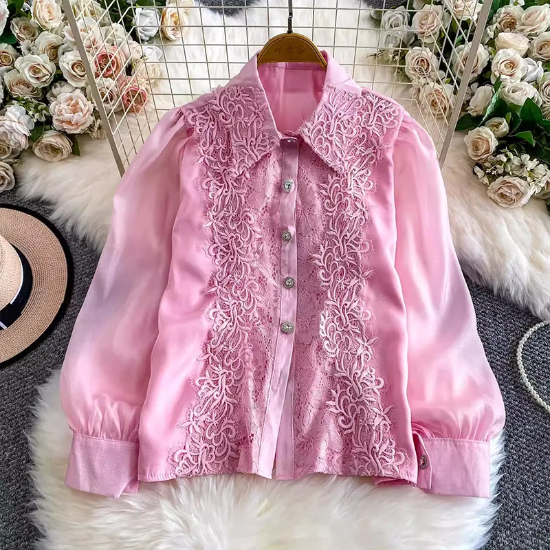 

French Court Style Elegant Age-Reducing Stunning Lace Patchwork Turn-Down Collar Shirt Single-Breasted Slim Fit Slimming Top For