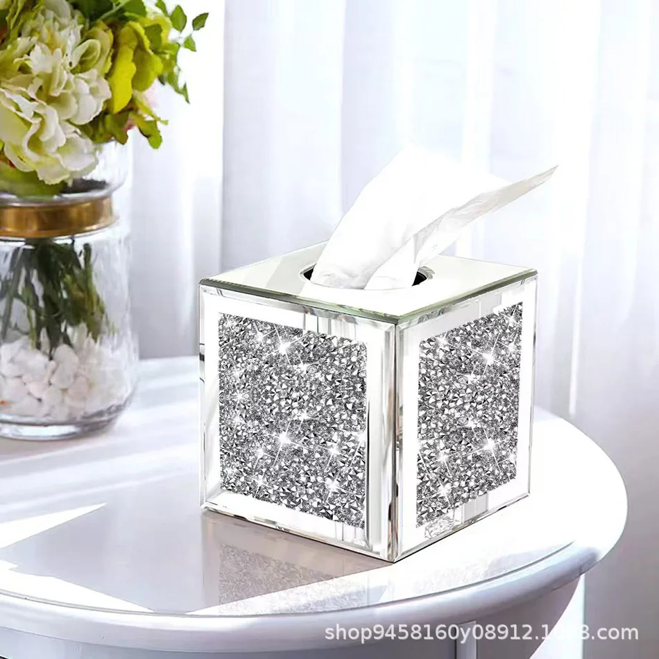 

Crystal Diamond Decorated Glass Mirror Tissue Box Holder Square Bling Napkin Storage Rack Home Decoration