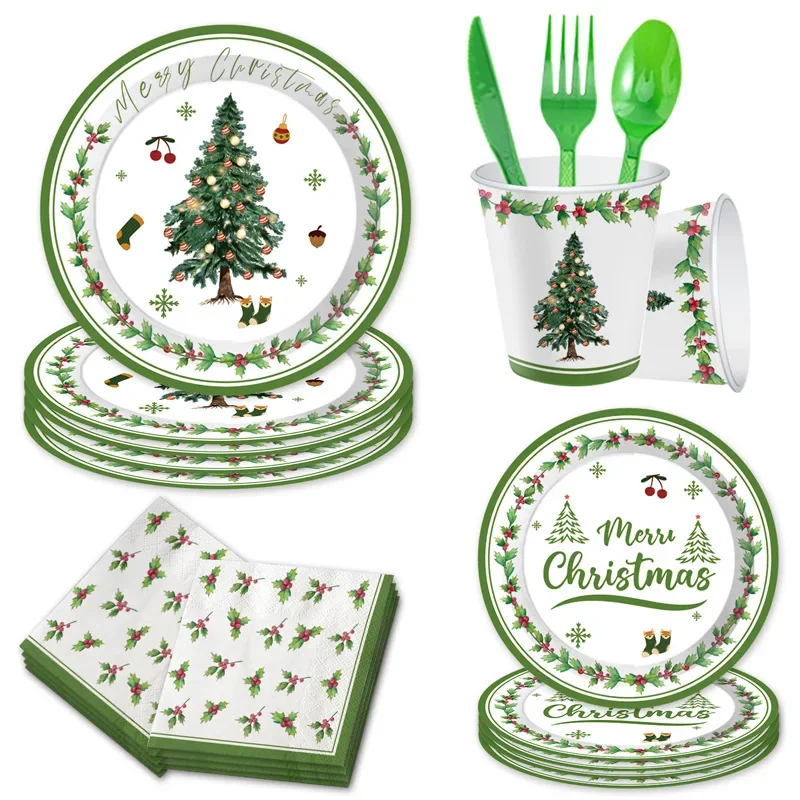 8Guests Christmas Disposable Tableware Christmas Tree Plate Napkins Merry Christmas Decor Navidad Happy New Year  2025 Supplies