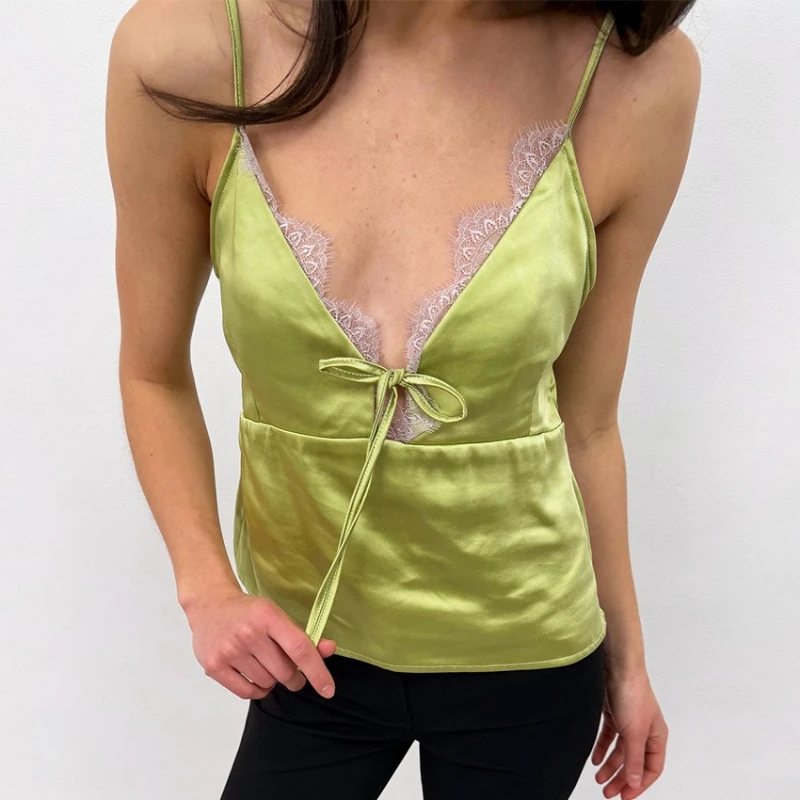 Typhaland Sexy Lace Camisole Women's Stylish Commuting Backless Lace Up V-neck Solid Short Top 2026 Summer Female Casual Straps