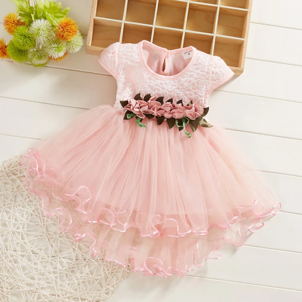 Baby Girls Floral Tutu Pastel Pink Princess Ball Gow Girls Birthday Party Dress Children Kids Halloween Flower Perform Costume